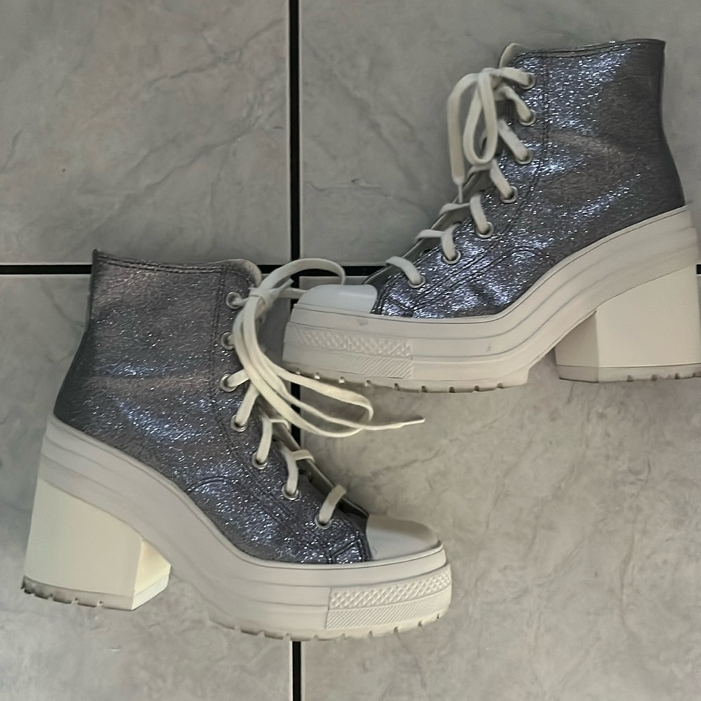 Converse Chuck 70 De Luxe Silver Glitter Chunky Platform Heel High Top